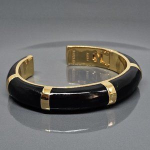 HERITAGE Black Lucite Panel Gold Tone Hinge Bracelet Luxurious Open Cuff